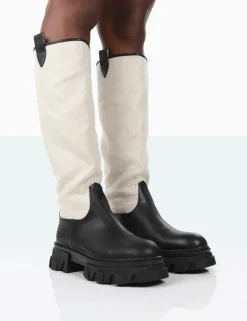Public Desire Genius Pu Knee High Linen Platform Chunky Sole Boots Black Clearance