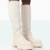 Public Desire Genius Pu Knee High Linen Platform Chunky Sole Boots Ecru Clearance