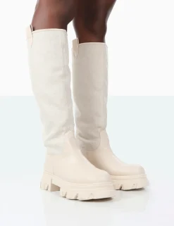 Public Desire Genius Pu Knee High Linen Platform Chunky Sole Boots Ecru Clearance