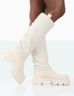 Public Desire Genius Pu Knee High Linen Platform Chunky Sole Boots Ecru Clearance