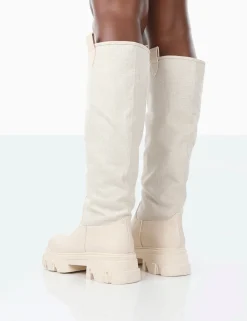 Public Desire Genius Pu Knee High Linen Platform Chunky Sole Boots Ecru Clearance