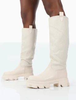 Public Desire Genius Pu Knee High Linen Platform Chunky Sole Boots Ecru Clearance