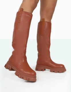 Public Desire Genius Tabacco Pu Knee High Chunky Sole Boots Tan Flash Sale
