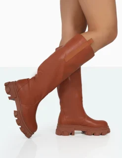 Public Desire Genius Tabacco Pu Knee High Chunky Sole Boots Tan Flash Sale