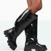 Public Desire Genius Wide Fit Box Patent Knee High Chunky Sole Boots Black Best