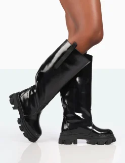 Public Desire Genius Wide Fit Box Patent Knee High Chunky Sole Boots Black Best