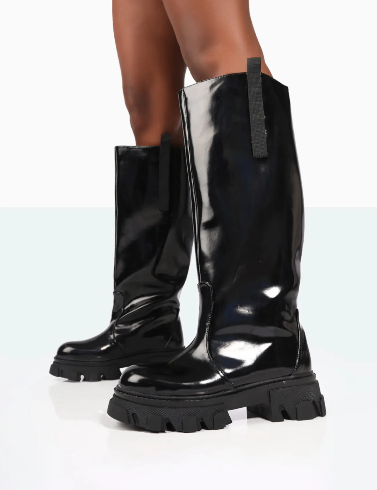 Public Desire Genius Wide Fit Box Patent Knee High Chunky Sole Boots Black Best