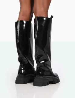 Public Desire Genius Wide Fit Box Patent Knee High Chunky Sole Boots Black Best