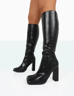 Public Desire Gia Box Pu Square Toe Block Heel Knee High Boots Black Hot