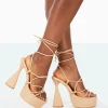 Public Desire Giana Pu Strappy Lace Up Block Heels Nude New