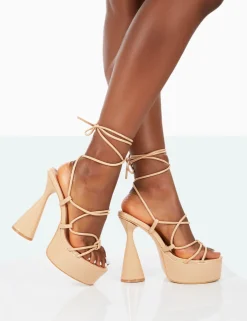 Public Desire Giana Pu Strappy Lace Up Block Heels Nude New