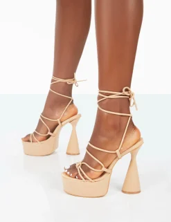 Public Desire Giana Pu Strappy Lace Up Block Heels Nude New