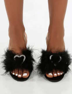 Public Desire Glam Embellished Heart Feather Mule Heels Black Fashion