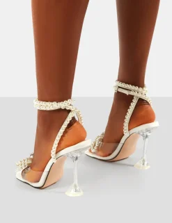 Public Desire Glimmer Wide Fit Wrap Around Pearl Detail Bow Square Toe Cake Stand Heels White Fashion