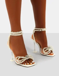 Public Desire Glimmer Wrap Around Pearl Detail Bow Square Toe Cake Stand Heels White Best