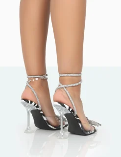 Public Desire Glimmer Zebra Wrap Around Diamante Bow Square Toe Heels Monochrome Outlet