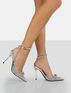 Public Desire Glisten Metallic Clear Perspex Diamante Wrap Around Pointed Toe Court Heels Silver Online