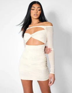 Public Desire Glitter Mesh Cutaway Mini Dress Nude Cheap