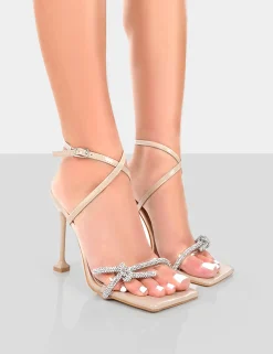 Public Desire Glitter Wrap Around Diamante Bow Square Toe Heels Nude Discount