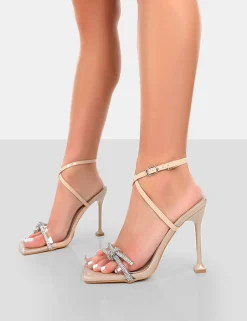 Public Desire Glitter Wrap Around Diamante Bow Square Toe Heels Nude Discount