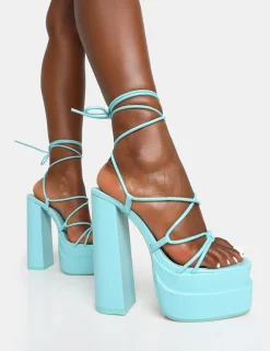 Public Desire Glow Girl Baby Pu Lace Up Platform High Heels Blue Cheap
