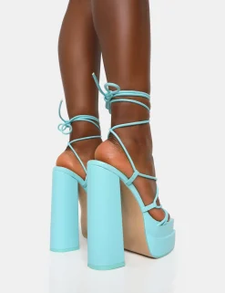 Public Desire Glow Girl Baby Pu Lace Up Platform High Heels Blue Cheap