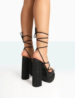 Public Desire Glow Girl Black Sparkly Diamante Lace Up Platform Block High Heels Outlet