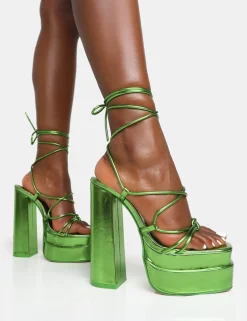 Public Desire Glow Girl Mirror Lace Up Platform High Heels Green Best Sale
