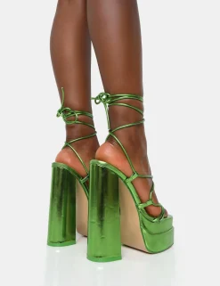 Public Desire Glow Girl Mirror Lace Up Platform High Heels Green Best Sale