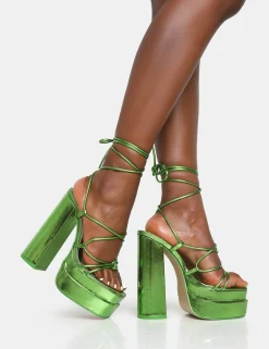 Public Desire Glow Girl Mirror Lace Up Platform High Heels Green Best Sale