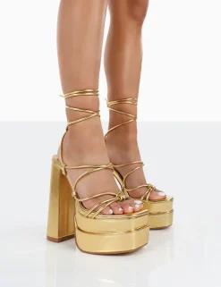 Public Desire Glow Girl Pu Lace Up Platform High Heels Gold Sale