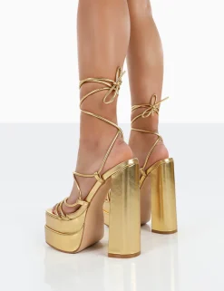 Public Desire Glow Girl Pu Lace Up Platform High Heels Gold Sale
