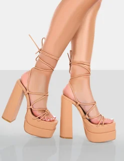 Public Desire Glow Girl Pu Lace Up Platform High Heels Nude Cheap
