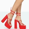 Public Desire Glow Girl Satin Pu Lace Up Platform High Heels Red Flash Sale
