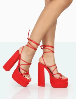Public Desire Glow Girl Satin Pu Lace Up Platform High Heels Red Flash Sale