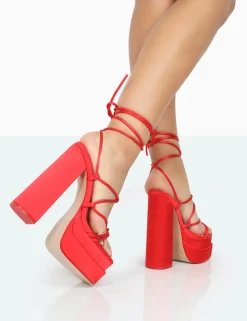 Public Desire Glow Girl Satin Pu Lace Up Platform High Heels Red Flash Sale