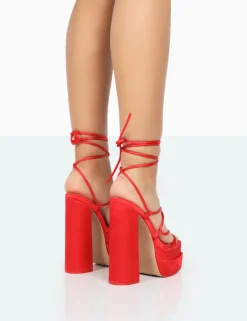 Public Desire Glow Girl Satin Pu Lace Up Platform High Heels Red Flash Sale