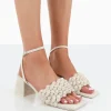 Public Desire Got This Natural Linen Woven Square Toe Block Mid Heeled Mule Sandals Beige Outlet
