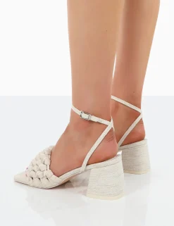 Public Desire Got This Natural Linen Woven Square Toe Block Mid Heeled Mule Sandals Beige Outlet