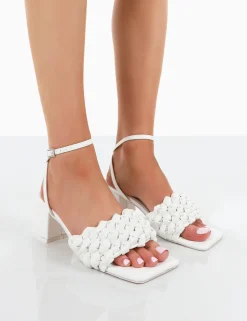 Public Desire Got This Pu Woven Square Toe Block Mid Heeled Mule Sandals White Best Sale