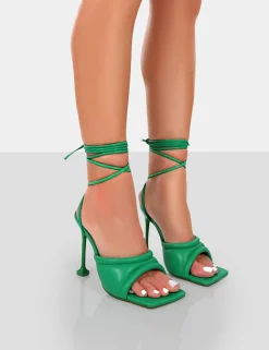 Public Desire Gracie Pu Square Peep Toe Lace Up Stiletto Heels Green Flash Sale