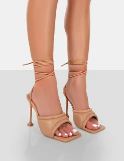 Public Desire Gracie Pu Square Peep Toe Lace Up Stiletto Heels Nude Flash Sale