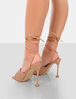 Public Desire Gracie Pu Square Peep Toe Lace Up Stiletto Heels Nude Flash Sale