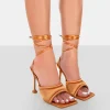 Public Desire Gracie Satin Square Peep Toe Lace Up Stiletto Heels Toffee Best