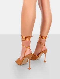 Public Desire Gracie Satin Square Peep Toe Lace Up Stiletto Heels Toffee Best