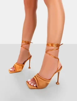 Public Desire Gracie Satin Square Peep Toe Lace Up Stiletto Heels Toffee Best