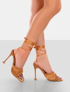 Public Desire Gracie Satin Square Peep Toe Lace Up Stiletto Heels Toffee Best