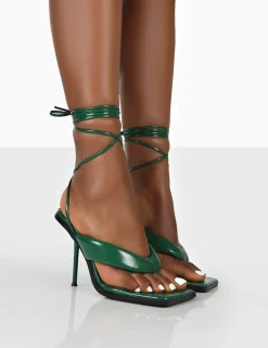 Public Desire Grand Toe Thong Front Square Toe Lace Up Stiletto Heels Green Cheap