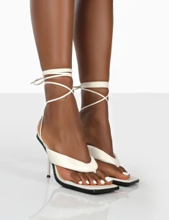 Public Desire Grand Toe Thong Front Square Toe Lace Up Stiletto Heels White Discount