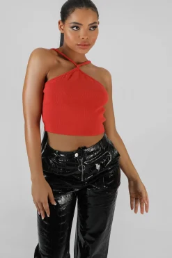 Public Desire Halter Neck Strappy Crop Top Coral Best